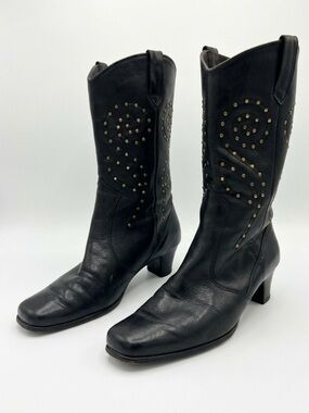 Vintage Studded Black Leather Cowboy woman’s Boots Sz 8.5M